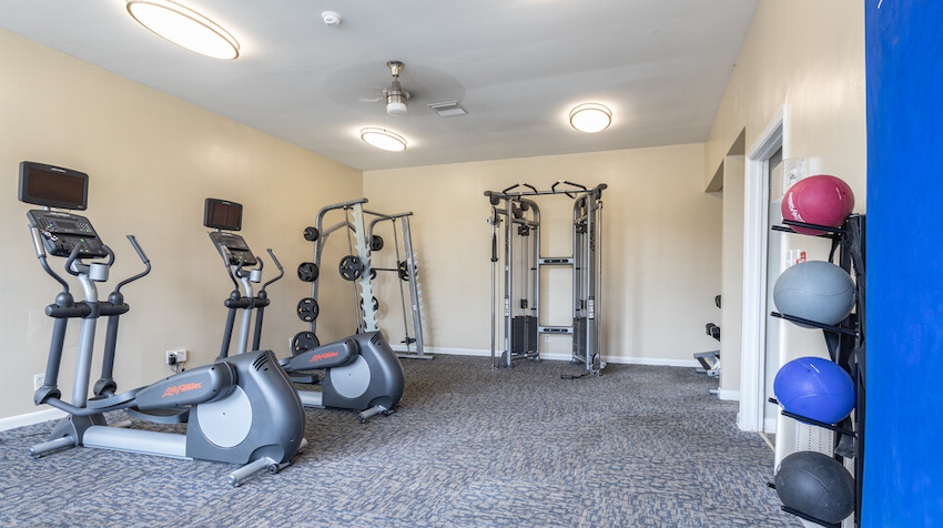fitness area with elliptical machines, weight machines, and exercise balls